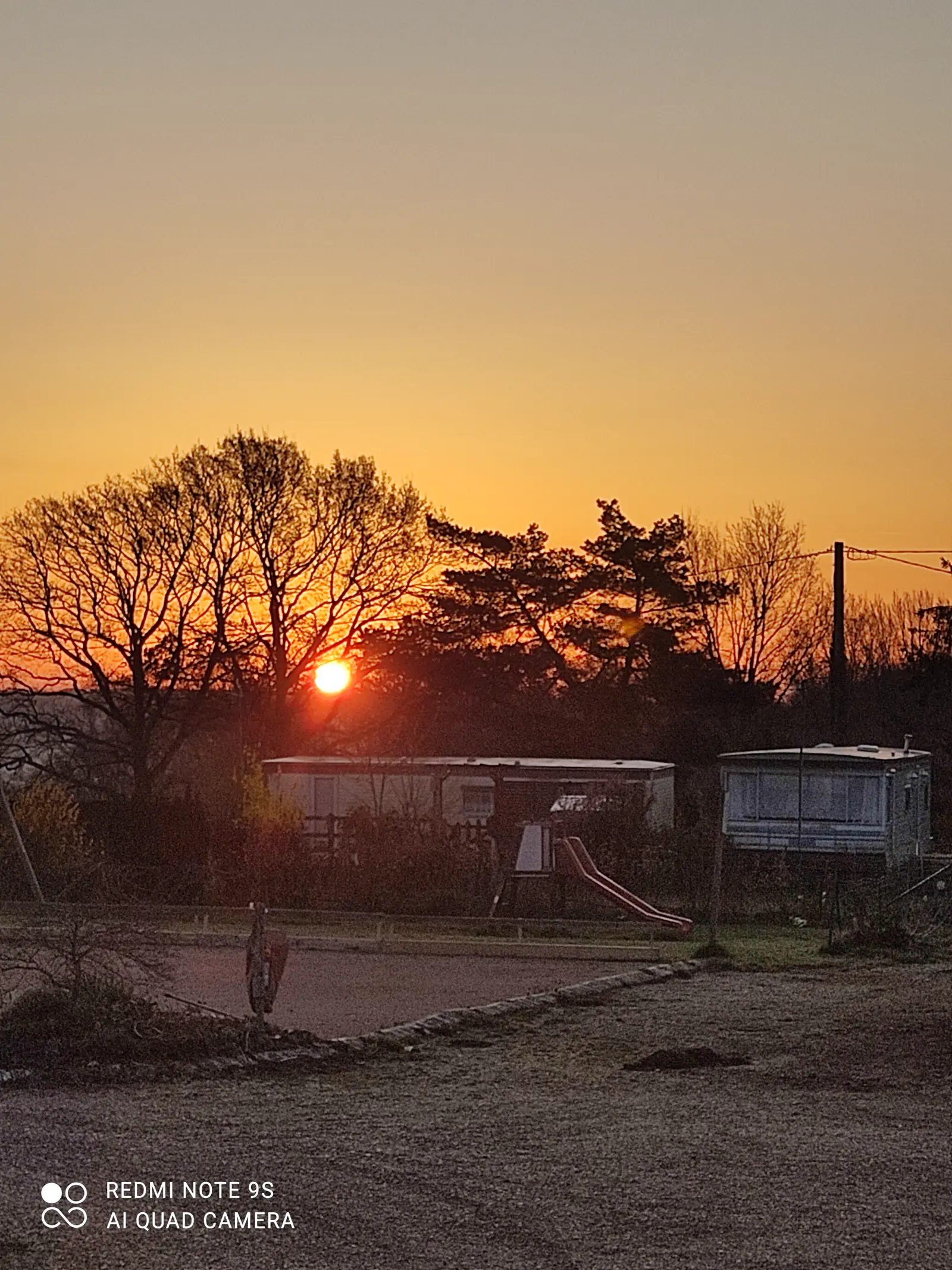 Le soleil se couche derrière les arbres du camping